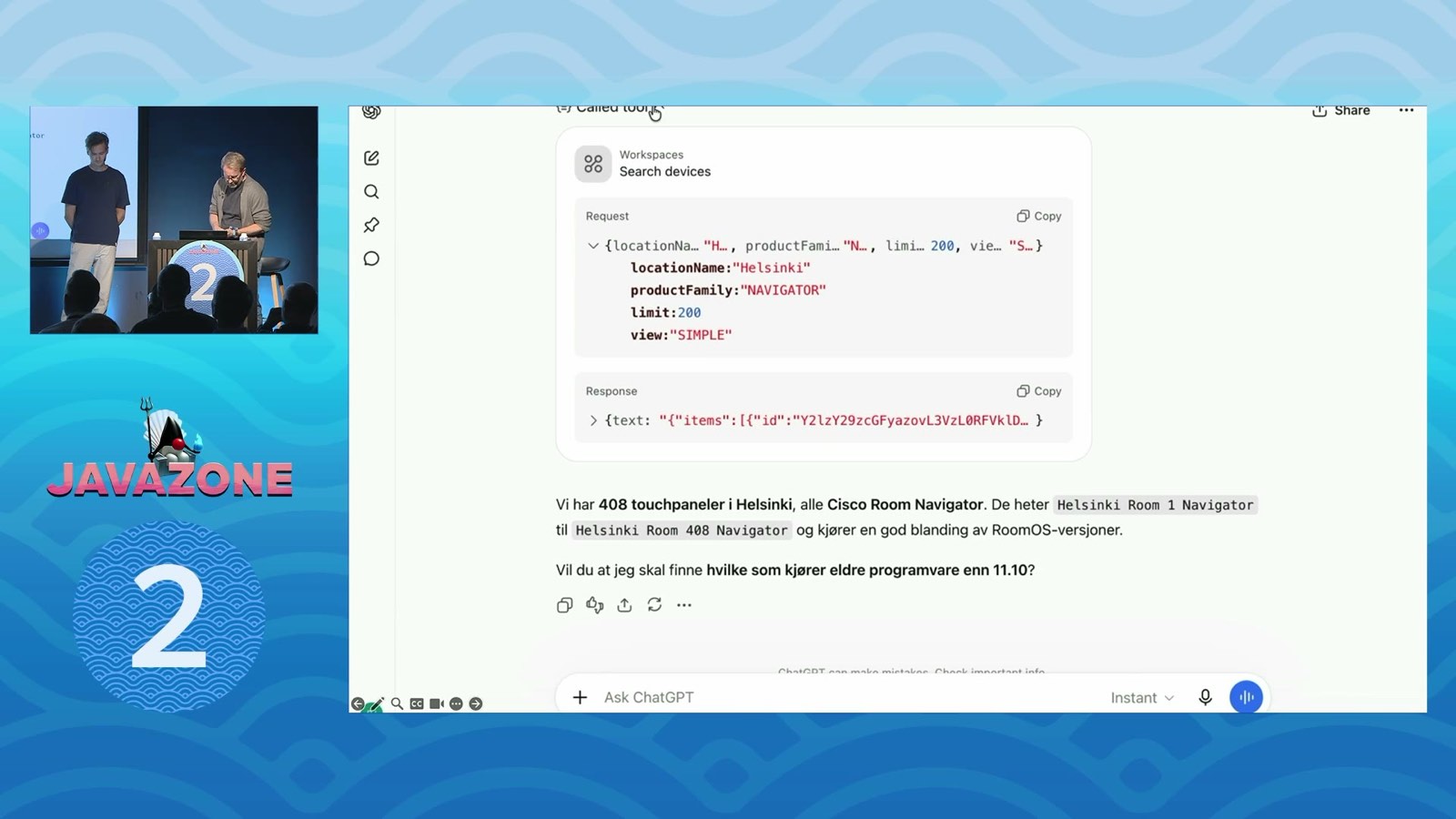Live demo: agenten kaller search_devices-verktøyet og svarer på touchpanel-spørsmålet
